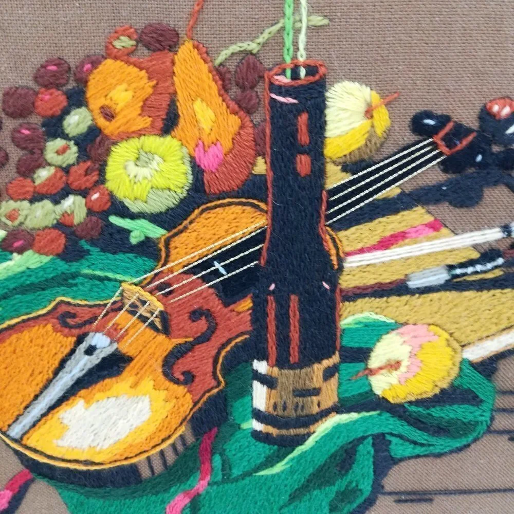 Vintage Completed Crewel Embroidery Picture Violin Rose Fruit Wine Romantic 70s
